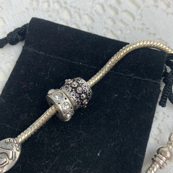 Silver Charm Snake Bracelet 8 charms Mom Baby feet Rhinestones Hook Clasp 8” - Picture 4 of 10